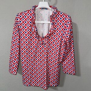 J McLaughlin Catalina Cloth Ruffle Neck Printed Blouse Medium